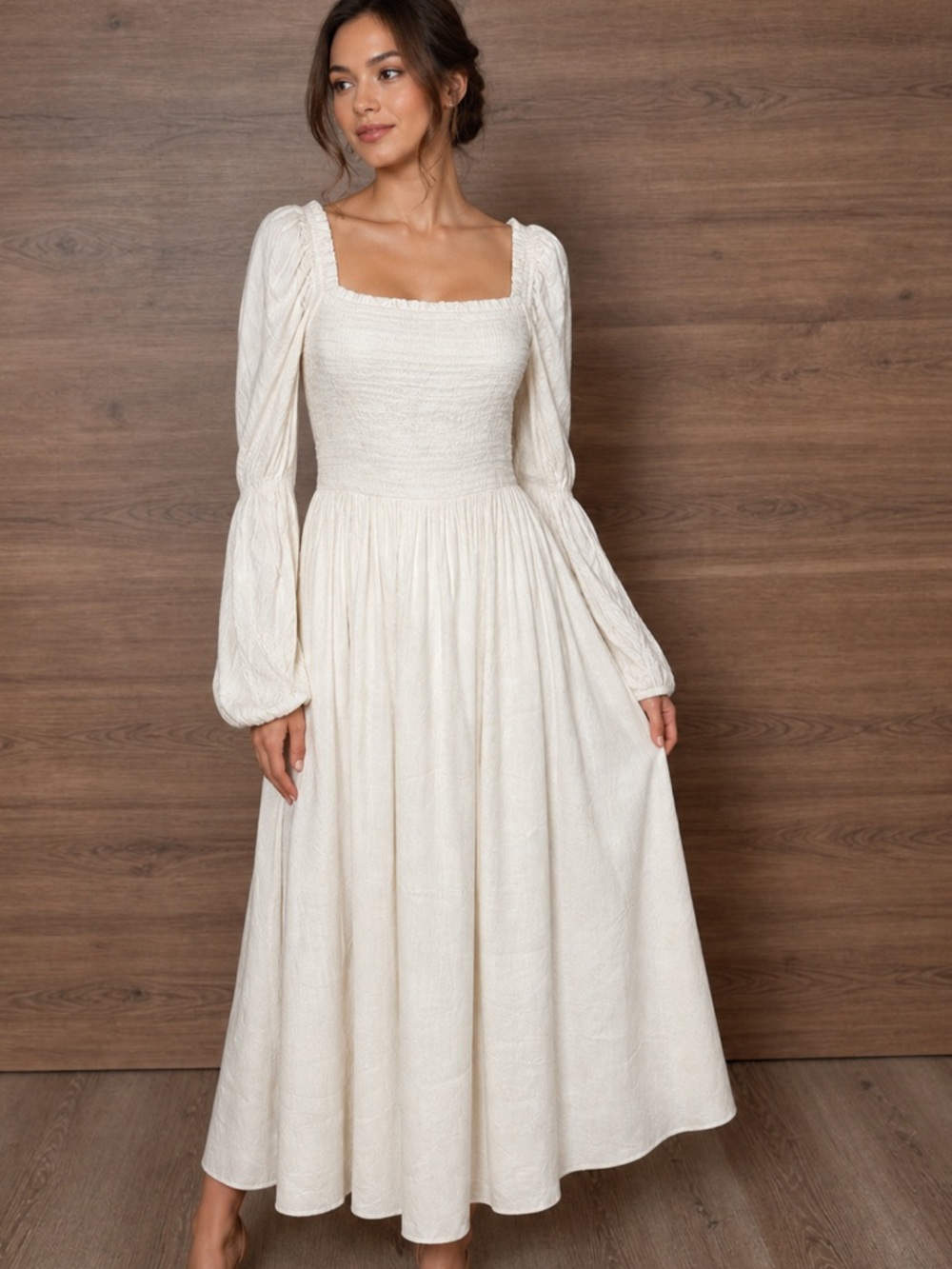 Antonio Melani Ivory Linen Smocked Midi Dress Cottagecore Fairy Feminine 14